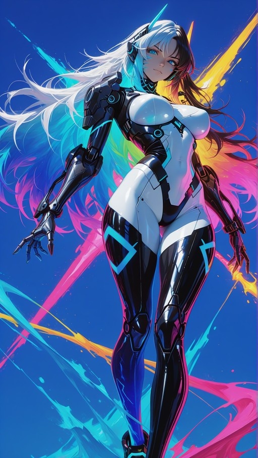 Anime-style cyborg girl with long two-toned hair wearing a white and black bodysuit with a mechanical arm against a colorful abstract background.