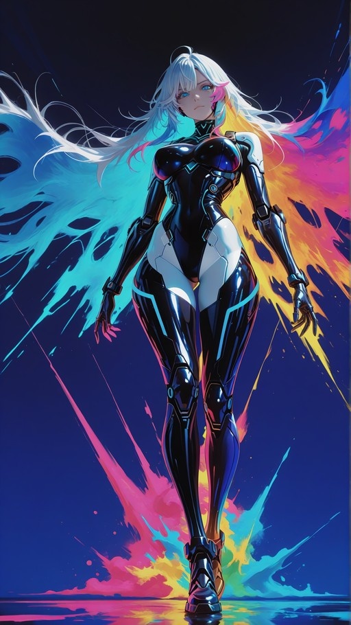 Full body shot of a cybernetic woman with long white hair and blue eyes wearing a shiny black bodysuit with robotic joints against a neon abstract background.