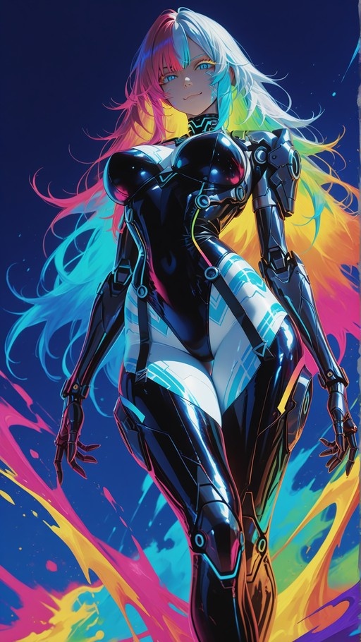 Anime-style cyborg girl with long pink and blue hair wearing a shiny black and white bodysuit and robotic arms.