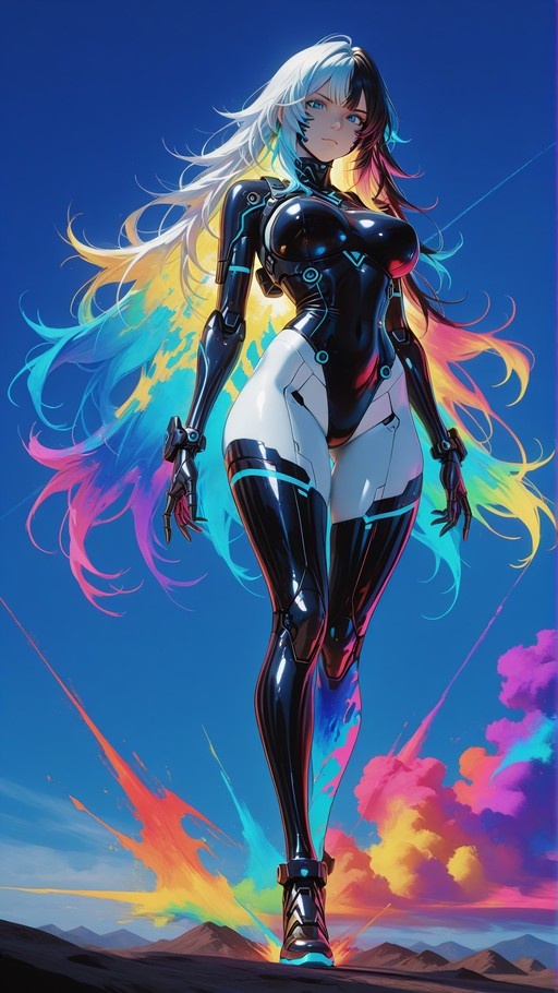 A full-body digital illustration of a cybernetic woman with long multi-colored hair wearing a black and white armored bodysuit against a vibrant sky.