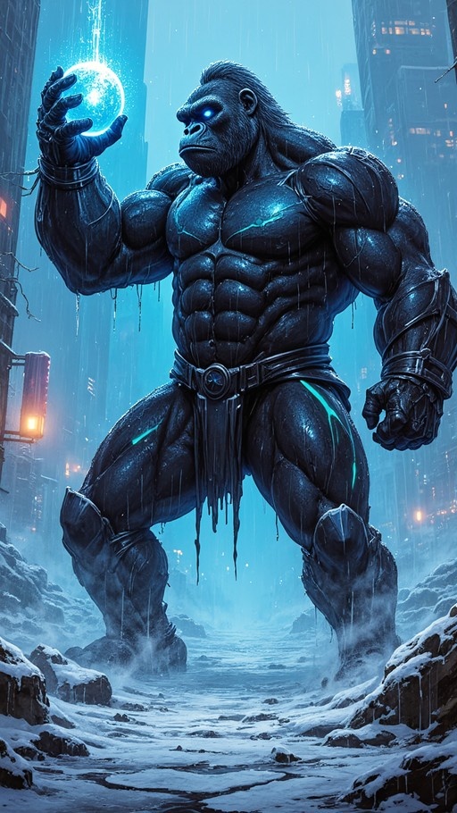 A colossal muscular ape kaiju with glowing blue eyes and cyan energy markings stands in a snowy cyberpunk city, holding a radiant blue orb.