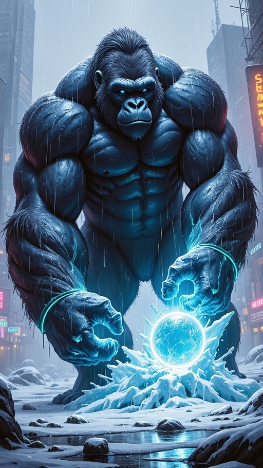 A massive, muscular ape with glowing blue eyes stands in a rainy city street covered in snow, channeling energy into a floating sphere of ice and light.