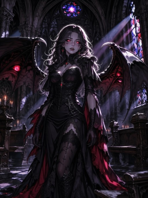 A female demon with long dark hair and glowing red eyes stands in a gothic cathedral. She has large bat-like wings with red inner membranes and wears an intricate black lace dress with thigh-high stockings.