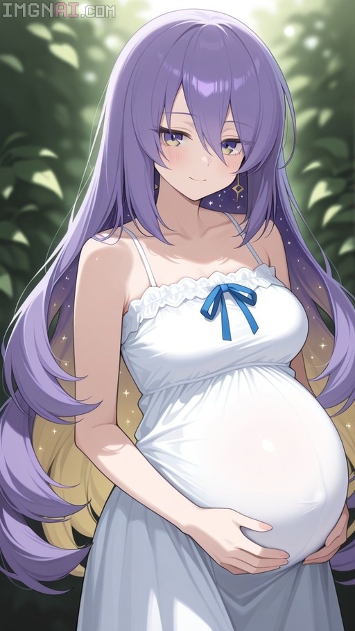 Moona Hoshinova with long purple hair wearing a white dress and holding her pregnant belly.