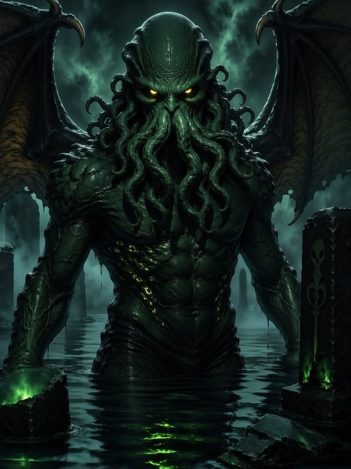 A large green Cthulhu with tentacles and bat wings rises from dark water in a misty ruin setting.