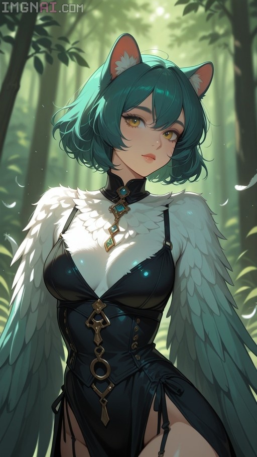 A green-haired anime-style girl with cat ears and large white and blue wings stands in a sunlit forest wearing a black corset dress.