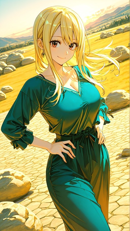 Marin Kitagawa in a teal dress standing on a cobblestone path with hands on hips, smiling against a golden landscape.