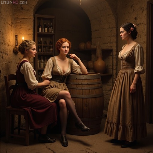 Three women in period dresses socializing in a rustic wine cellar with stone walls and wooden barrels