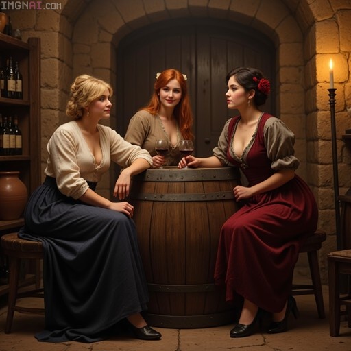 Three women in historical dresses sitting around a wooden barrel in a stone wine cellar holding glasses of red wine under candlelight.