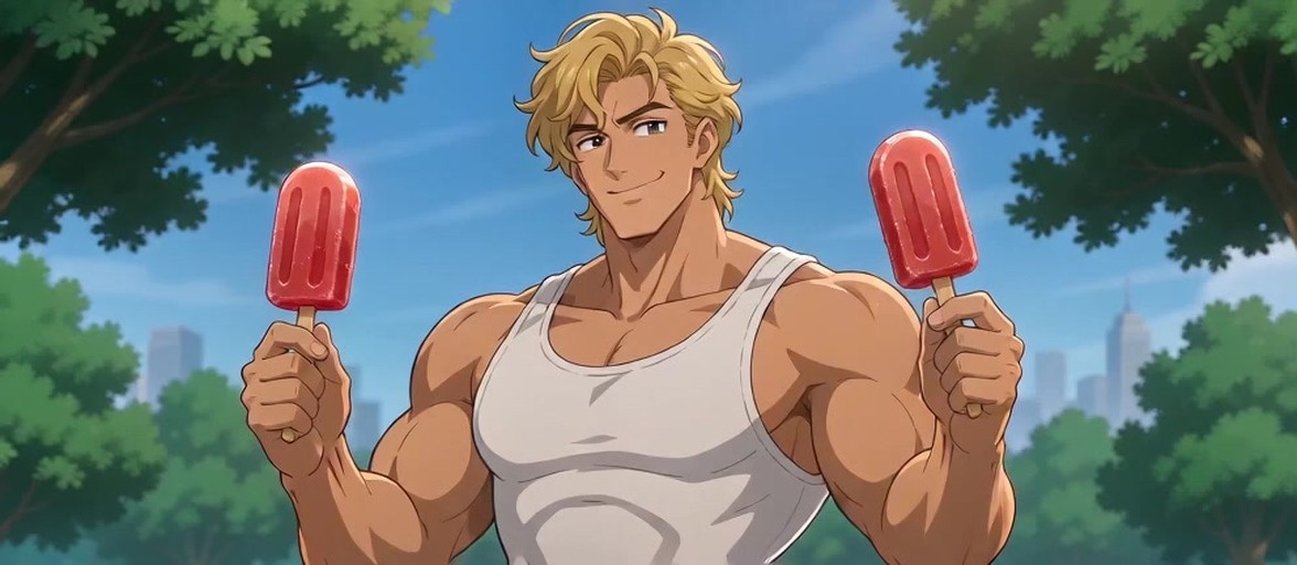 A muscular bara-style man in a white tank top stands outdoors with two anime girls wearing fishnets and leotards as they hold colorful popsicles near a van on a sunny day.