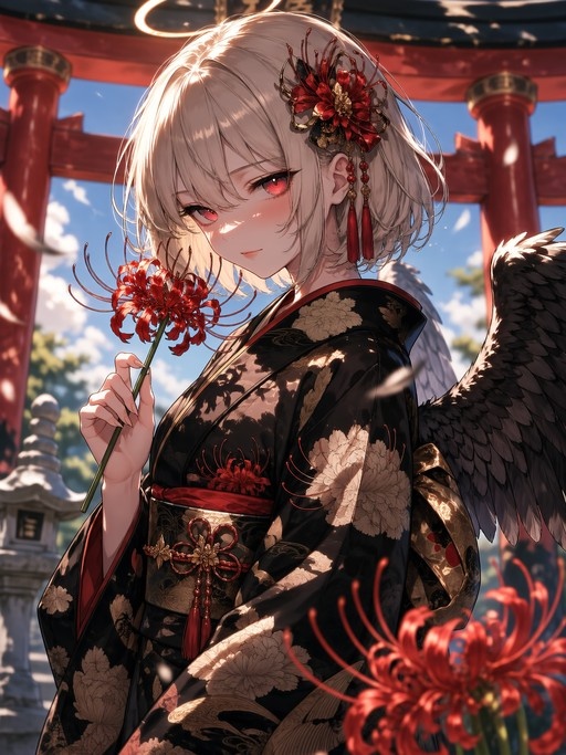An anime-style portrait of a girl with short white hair and red eyes, wearing a black floral kimono and large black wings. She holds a red spider lily flower near her face while standing in front of a traditional Japanese torii gate under bright sunlight.