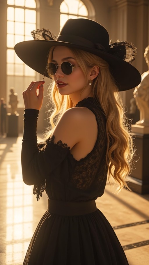 A blonde woman wearing a large black hat and round sunglasses poses in a sunlit room with statues.