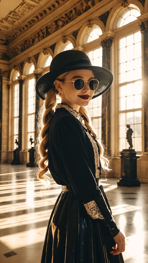 A smiling blonde woman in a black hat, sunglasses, and lace-trimmed dress poses in a grand sunlit gallery with classical architecture.