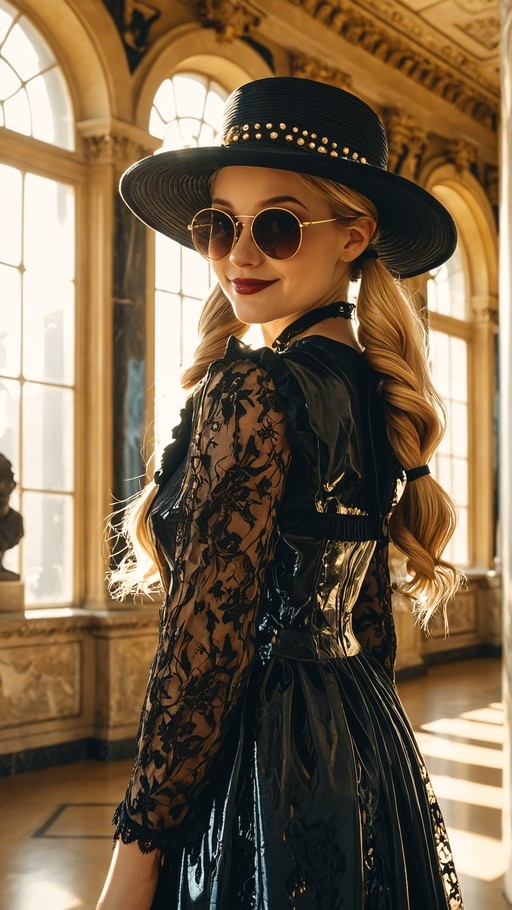 A blonde woman wearing a black hat and round sunglasses smiles while looking back over her shoulder in a sunlit room with large windows.