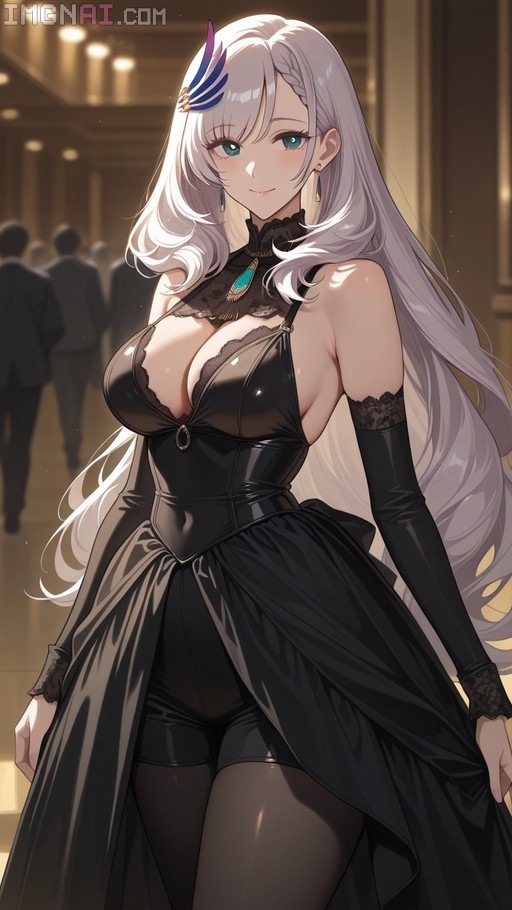Pavolia Reine with long white hair and blue eyes wearing a black lace dress and pantyhose.