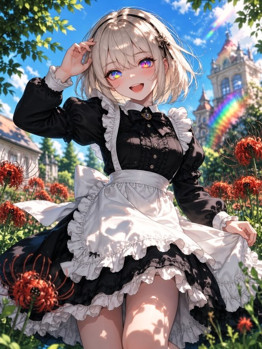 A smiling anime girl with short blonde hair and colorful eyes wearing a black maid dress stands in a field of red spider lilies under a blue sky with a rainbow.