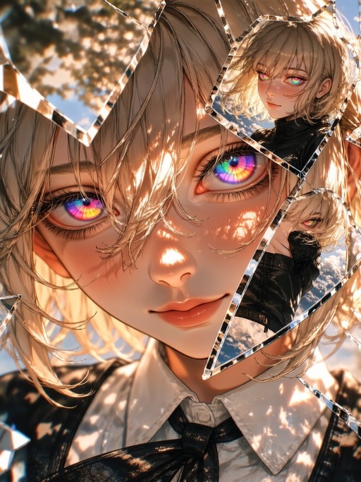Close-up digital illustration of a blonde anime girl with vibrant multicolored eyes, viewed through fragmented shards of broken glass reflecting her image.
