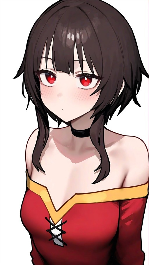 Megumin with short black hair, long locks, and red eyes wearing a red off-shoulder dress and black choker while blushing.