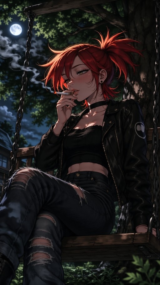 Anime-style illustration of a red-haired woman in a black leather jacket and ripped jeans smoking a cigarette on a wooden swing at night under a full moon.