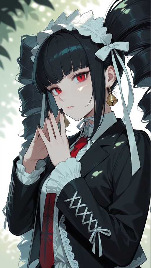 Anime girl with black spiral drill hair and red eyes wearing a gothic school uniform with a red tie and bell earrings looking at the viewer.