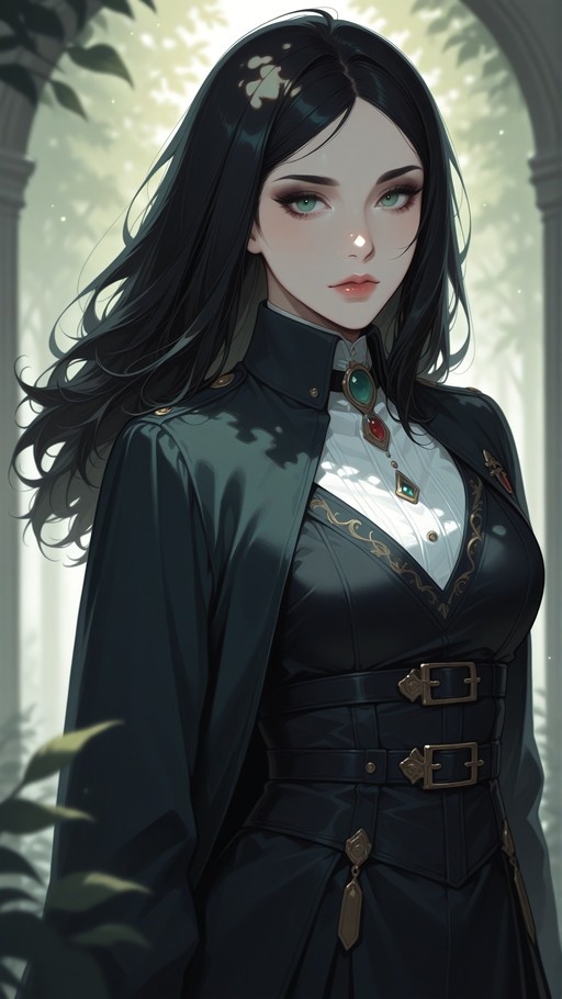 A digital illustration of a young woman with long black hair and green eyes wearing a dark military-style coat with a jeweled brooch outdoors.