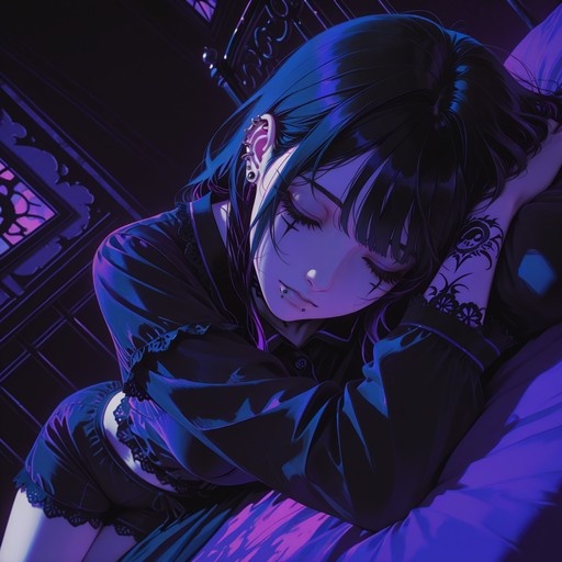 Anime-style illustration of a dark-haired girl with piercings and tattoos sleeping on her side under purple lighting.