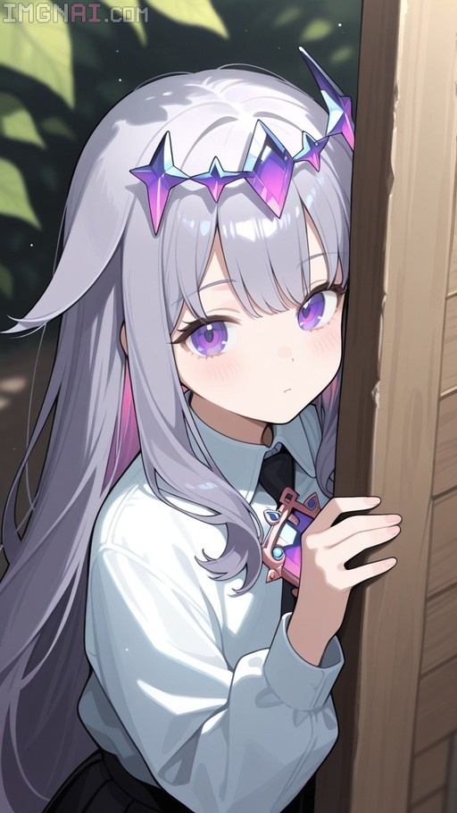 Koseki Bijou with long silver hair and a star circlet peeks from behind a wooden door.