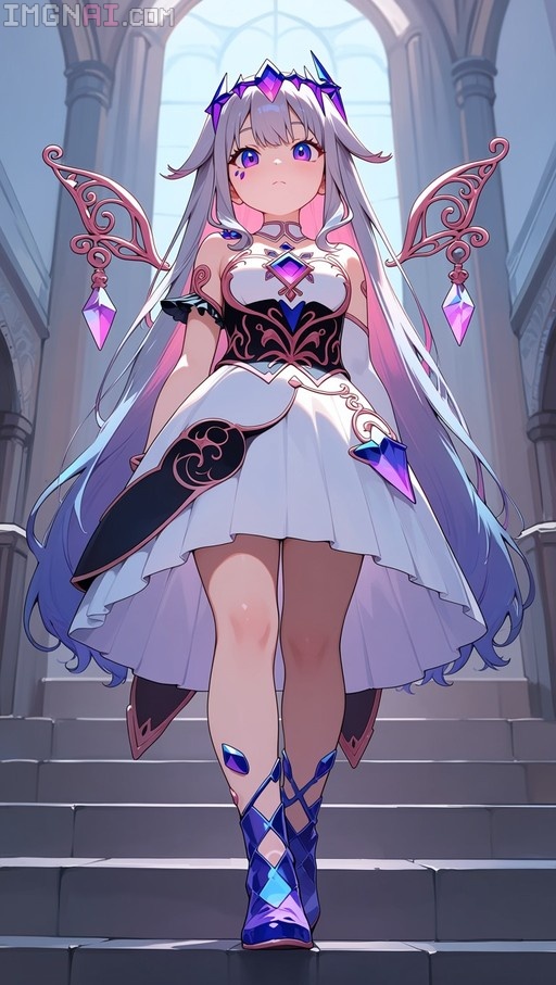 Koseki Bijou stands on stone steps wearing a white and black crystal-themed dress, detached pink wings, and blue boots.