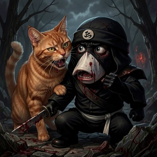 A chibi ninja wearing a blood-splattered plague doctor mask and black gear crouches in a dark forest holding a bloody knife, while a fierce orange tabby cat hisses beside him with bared teeth.