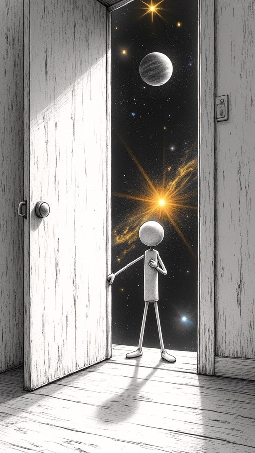 A white stylized character with a round head stands in an open doorway, looking out at a colorful starry sky and planets.