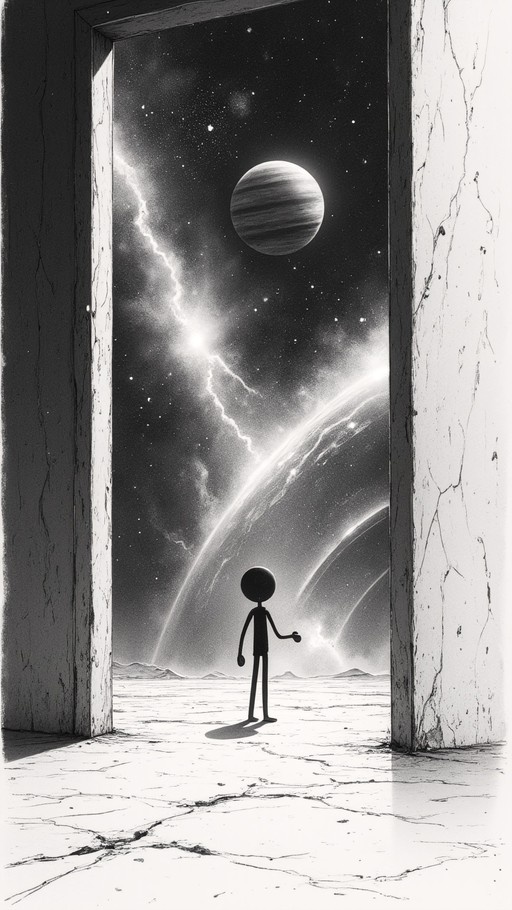 A black and white drawing of a stick figure standing in a doorway looking out at a large planet and stars in the night sky.