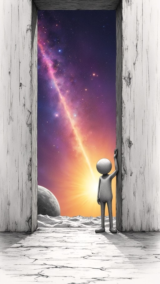 A grey humanoid figure stands in a doorway looking out at a colorful galaxy with a planet and stars.