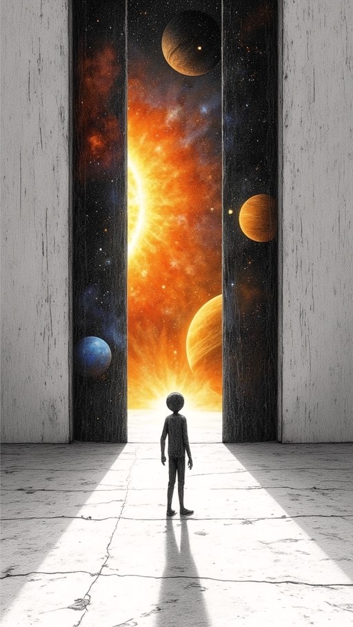 A small textured silhouette stands in a cracked concrete doorway looking out at a colorful cosmic scene with a bright orange nebula and floating planets.