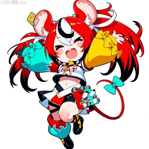 A chibi-style drawing of Hakos Baelz with red hair and mouse ears, wearing a colorful outfit and holding a stuffed toy.