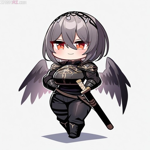 A full-body digital illustration of a smiling chibi anime girl with short grey hair and red eyes, wearing black armor and large black feathered wings while holding a sheathed sword.