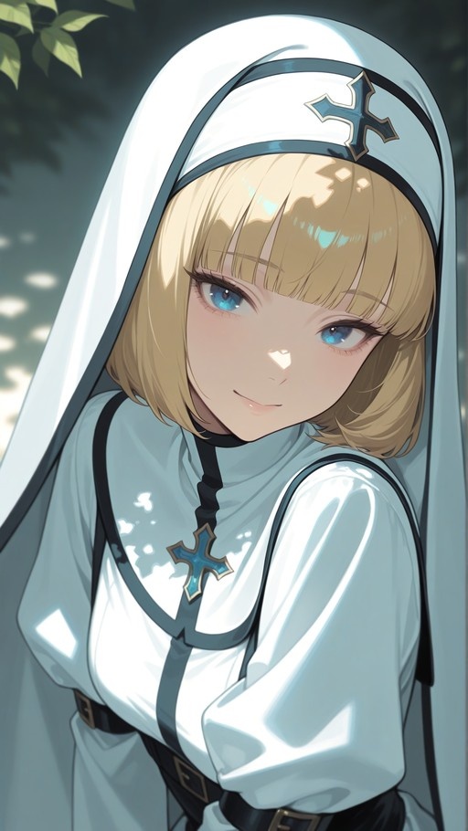 A close-up illustration of a blonde anime nun with blue eyes, wearing a white habit and black trim, smiling gently under dappled sunlight.