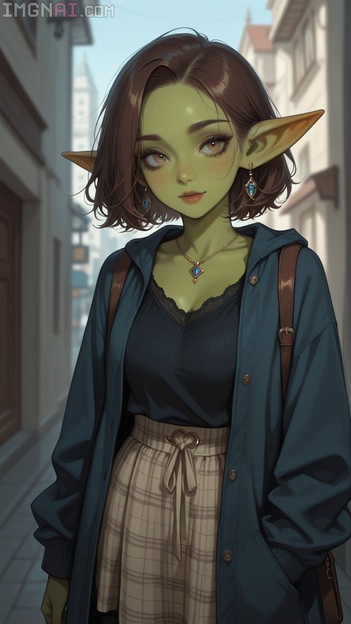 A digital illustration of a green-skinned female goblin with pointed ears, wearing a blue coat and plaid skirt on a city street.