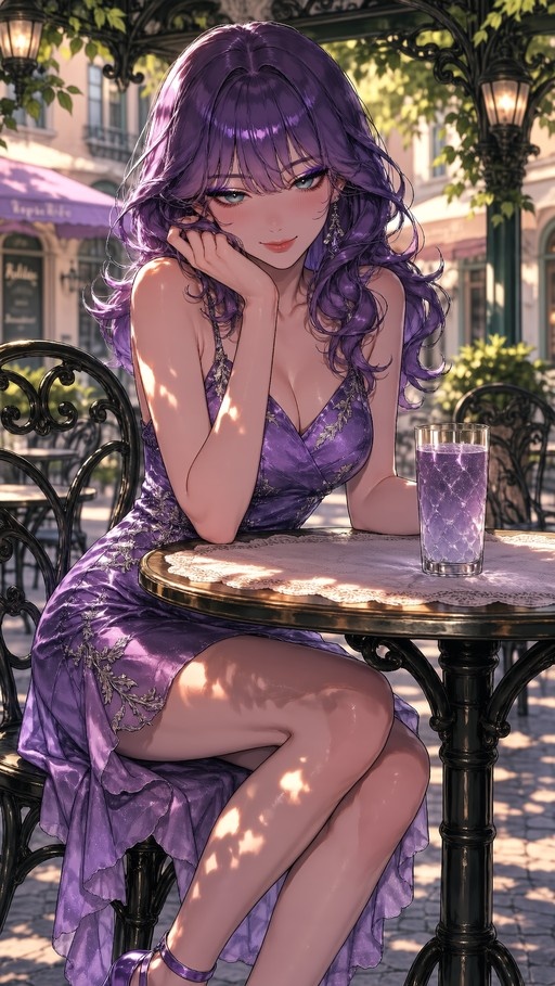 Anime-style illustration of a young woman with long wavy purple hair and blue eyes wearing a shimmering purple dress, sitting at an outdoor cafe table with a glass of purple liquid, resting her chin on her hand under dappled sunlight.