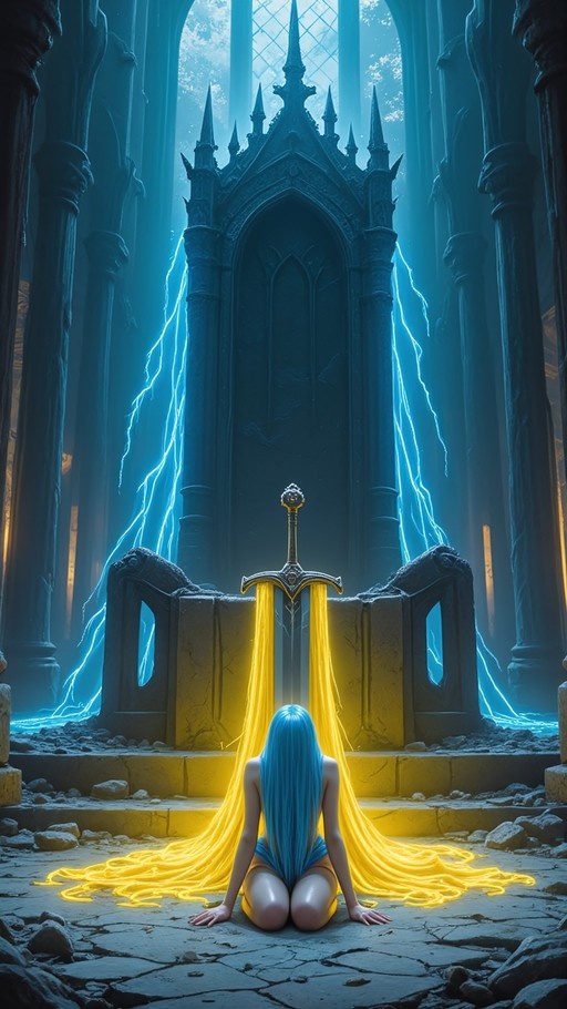 A fantasy digital painting shows a kneeling figure with long blue hair facing a golden glowing sword embedded in stone, set against a backdrop of gothic ruins and blue lightning.
