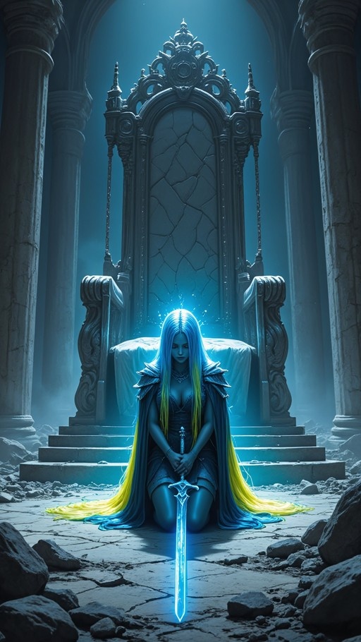 A female fantasy warrior with long blue and yellow hair kneels on the ground holding a glowing sword in front of a large cracked throne.