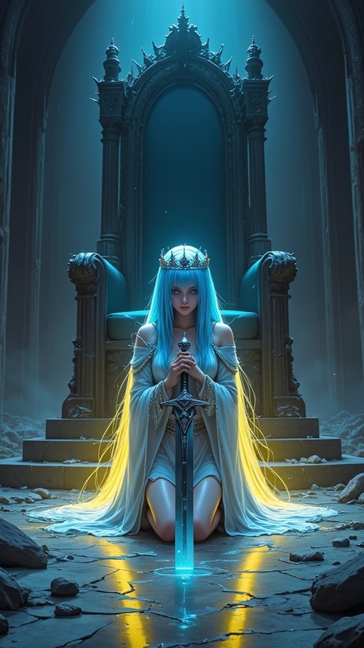 A blue-haired woman in a white dress and crown kneels on cracked stone holding a sword upright with a large dark throne behind her.