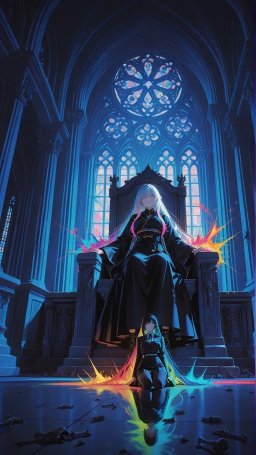 An anime-style woman with long white and pink hair sits on an ornate throne in a blue-lit cathedral, emitting multicolored energy, while a second woman with dark hair kneels before her.