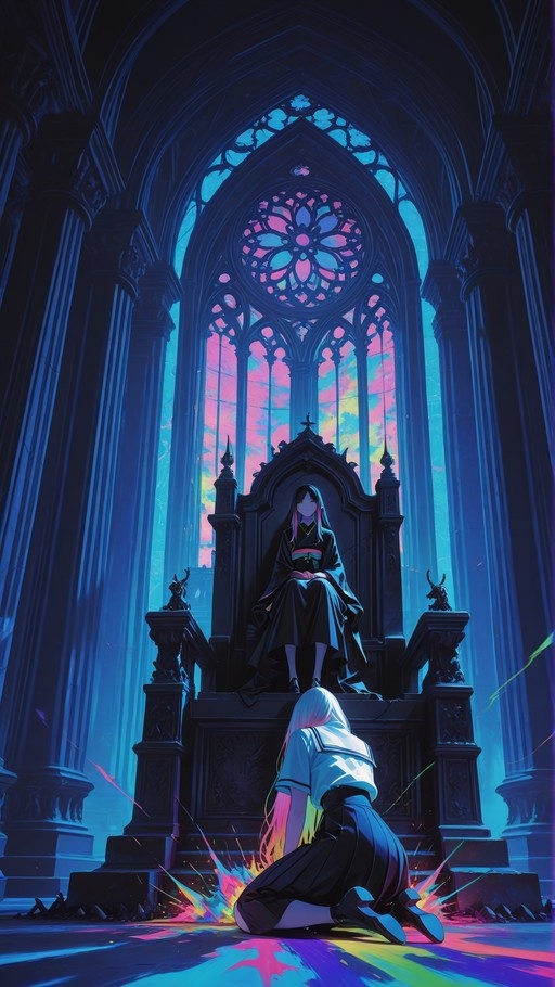Two anime girls in a gothic cathedral, one sitting on a throne in a kimono and the other kneeling in a school uniform under a stained glass window.
