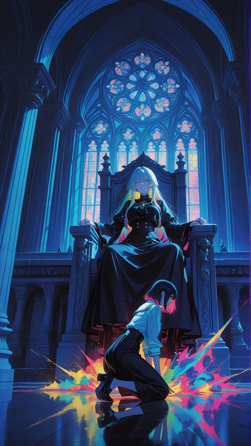 Anime illustration of a white-haired girl with red eyes sitting on a throne in a gothic cathedral while a dark-haired girl kneels before her.