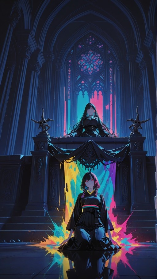Two anime-style girls in a dark cathedral; one kneels in colorful paint splashes while the other sits on a raised platform beneath a glowing stained-glass window.