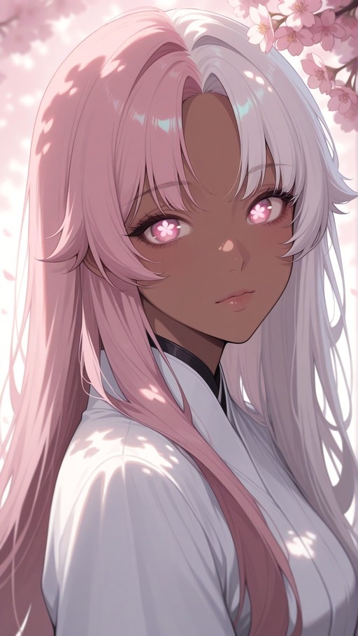 Anime girl with two-toned pink and white hair wearing a white kimono under cherry blossoms.