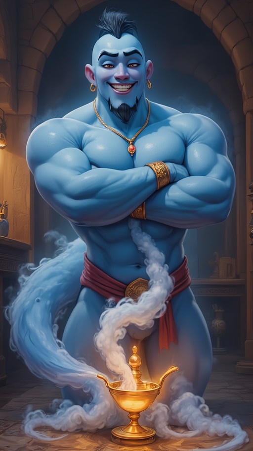A muscular blue genie with a goatee and gold jewelry stands with arms crossed, smiling, as smoke rises from a golden magic lamp at his feet.