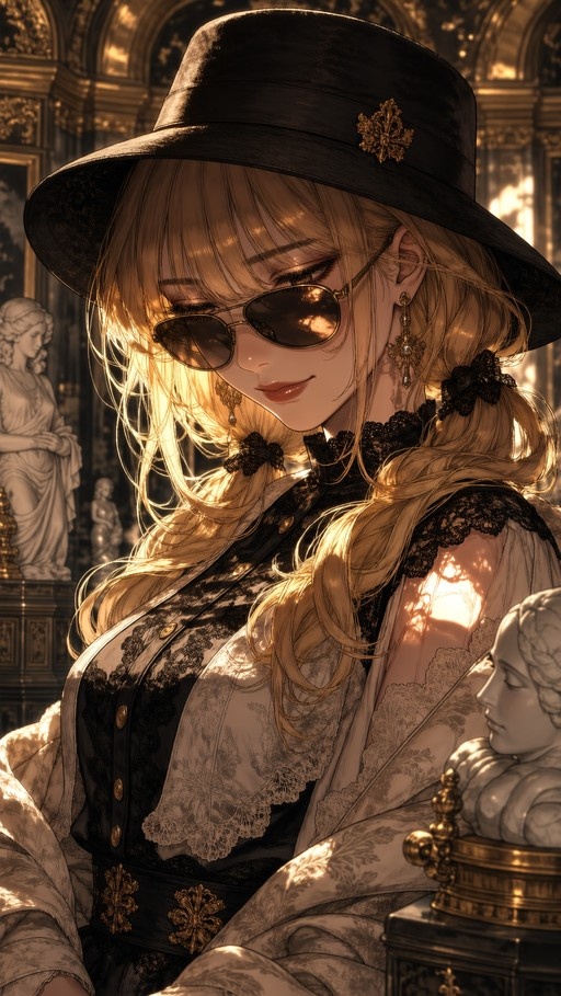 A blonde anime girl wearing sunglasses and a black hat stands in a sunlit room with classical statues.