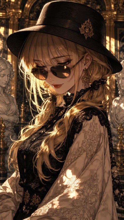 A blonde woman with low twintails wearing a black hat and sunglasses stands in a sunlit hall with classical statues.