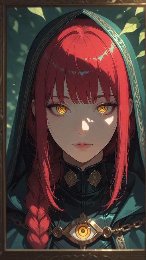 Makima from Chainsaw Man with long red braided hair and yellow spiral eyes wearing a dark hooded cloak with a golden eye emblem.